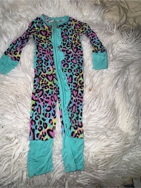 Turquoise Ruffle Zip One-Piece Pajamas with Multicolor Heart Leopard Print